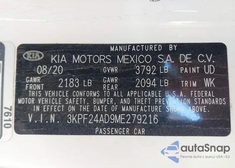 2021 Kia Forte Lxs from USA, damaged, VIN 3KPF24AD9ME279216